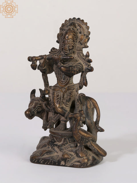 4" Small Lord Venugopal (Krishna) Playing Flute with Cow and Peacock