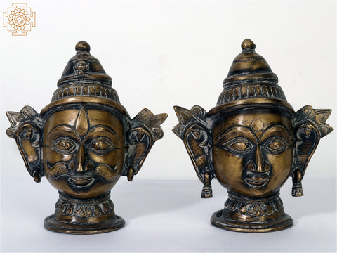 6" Pair of Shiva Parvati Heads Brass Statues from Himachal