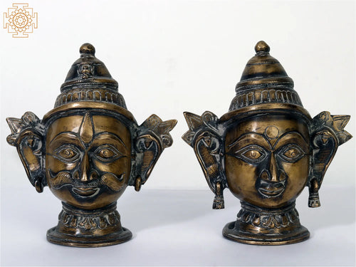 6" Shiva Parvati Brass Head Statues Pair Handmade