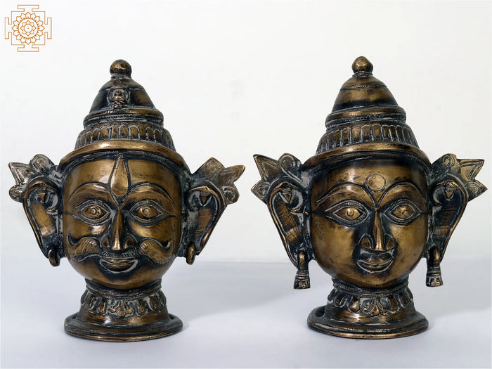 6" Shiva Parvati Brass Head Statues Pair Handmade
