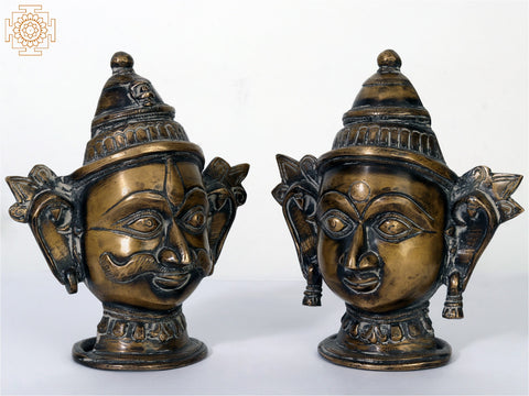 6" Pair of Shiva Parvati Heads Brass Statues from Himachal