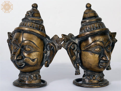 6" Pair of Shiva Parvati Heads Brass Statues from Himachal