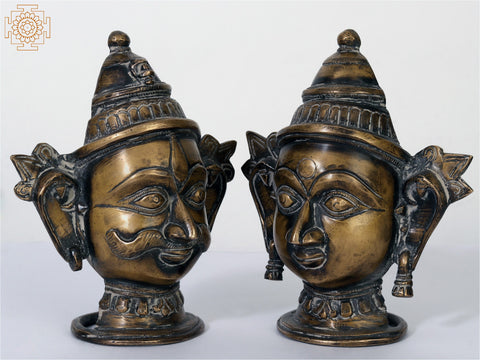6" Pair of Shiva Parvati Heads Brass Statues from Himachal