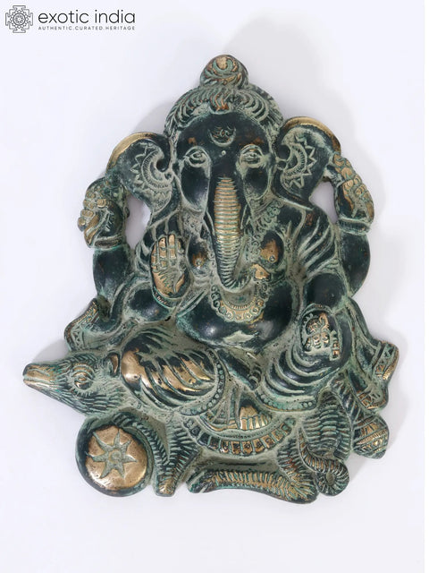 7" Brass Chaturbhuja Lord Ganesha Seated on Mushak | Wall Hanging Idol