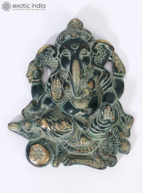 7" Brass Chaturbhuja Ganesha Seated on Mushak Wall Hanging Idol