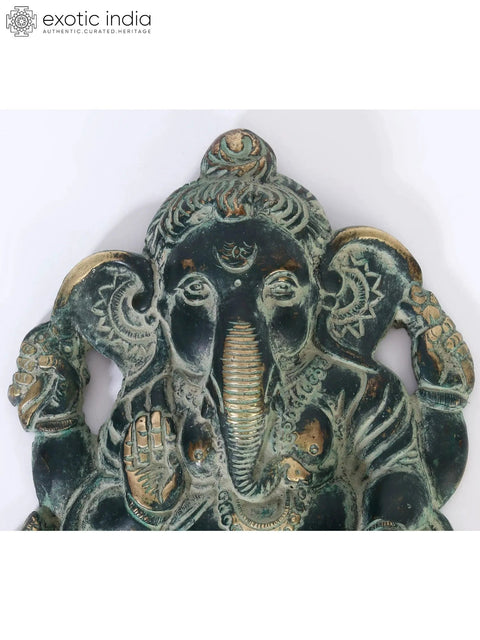 7" Brass Chaturbhuja Lord Ganesha Seated on Mushak | Wall Hanging Idol