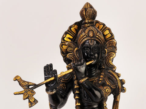 14" Black and Gold Lord Venugopal (Krishna) Playing Flute with Cow | Brass Statue