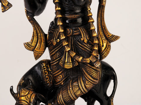14" Black and Gold Lord Venugopal (Krishna) Playing Flute with Cow | Brass Statue