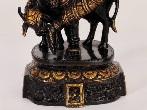 14" Black and Gold Lord Venugopal (Krishna) Playing Flute with Cow | Brass Statue