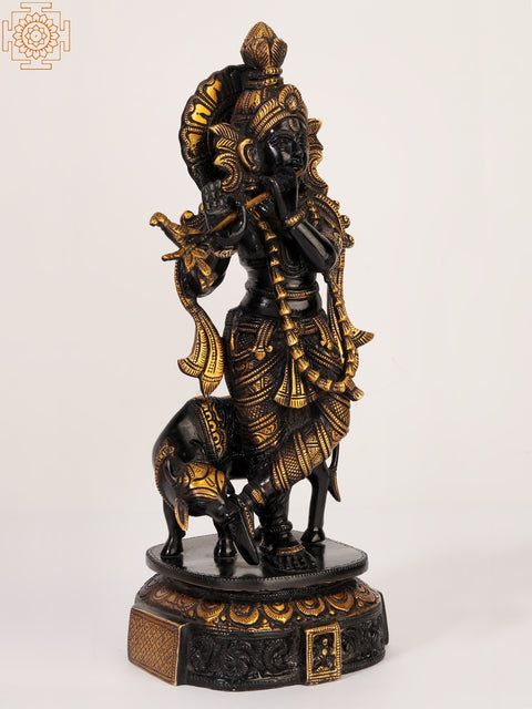 14" Black and Gold Lord Venugopal (Krishna) Playing Flute with Cow | Brass Statue