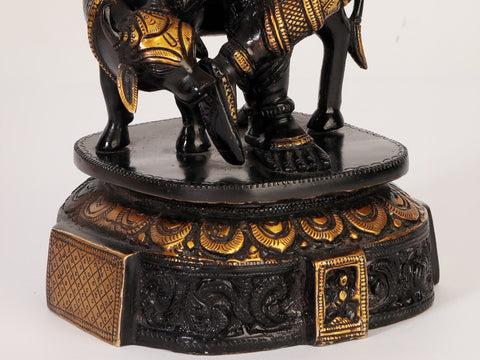 14" Black and Gold Lord Venugopal (Krishna) Playing Flute with Cow | Brass Statue