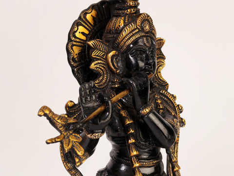14" Black and Gold Lord Venugopal (Krishna) Playing Flute with Cow | Brass Statue