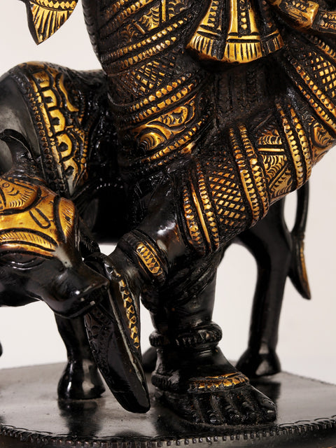 14" Black and Gold Lord Venugopal (Krishna) Playing Flute with Cow | Brass Statue