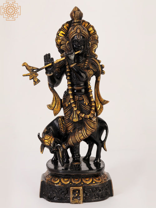 14" Black and Gold Venugopal Krishna Playing Flute Brass Statue