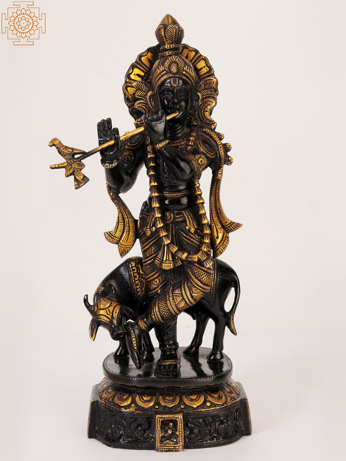 14" Black and Gold Venugopal Krishna Playing Flute Brass Statue