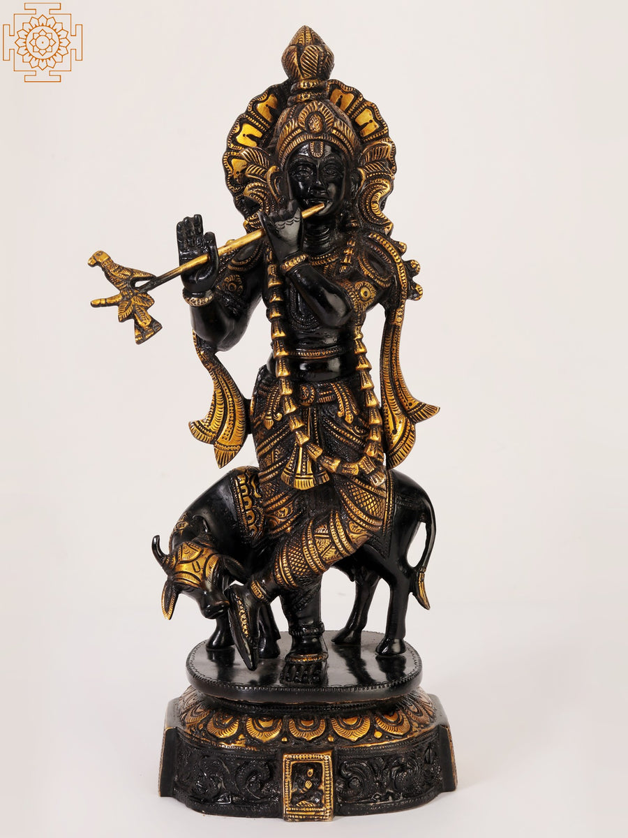 14" Black and Gold Venugopal Krishna Playing Flute Brass Statue