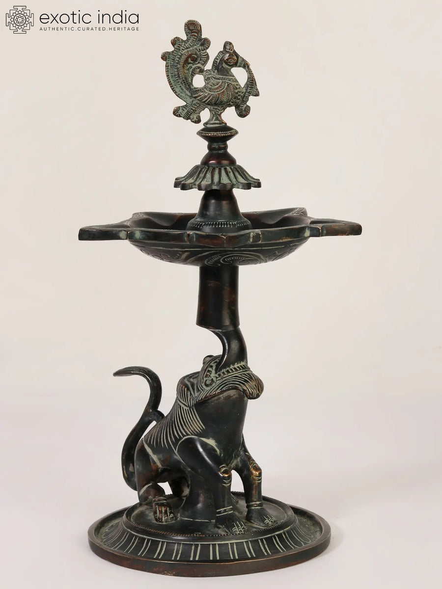 12" Brass Peacock Oil Lamp with Five Wicks and Lion Base