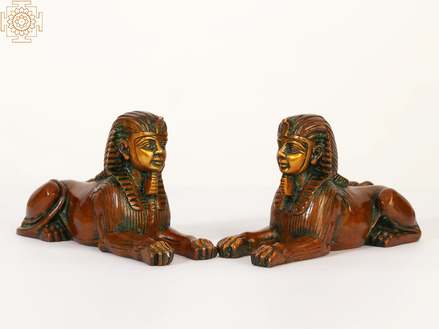 9" Pair of Egyptian Sphinx Brass Statue Set