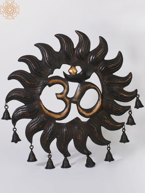 19" Brass Om Wall Hanging with Dangling Bells for Pooja