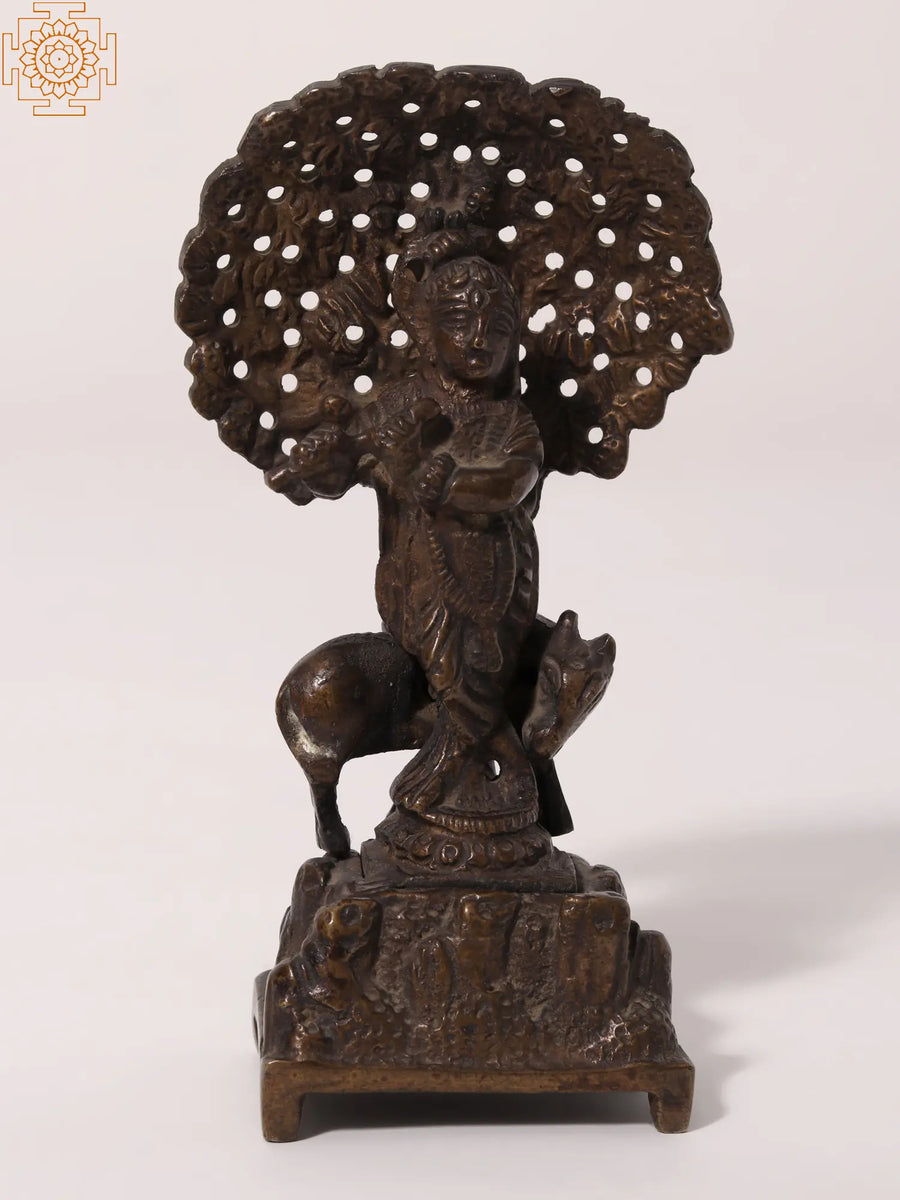 5" Lord Venugopal Handmade Brass Statue Playing Flute with Cow