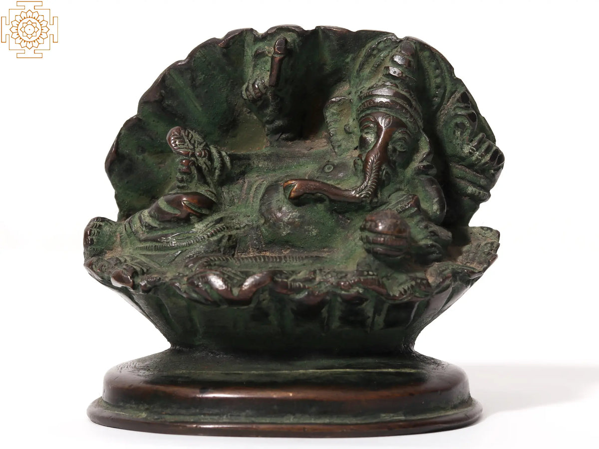 3" Small Relaxing Lord Ganesha Idol Inside the Shell | Brass Statue
