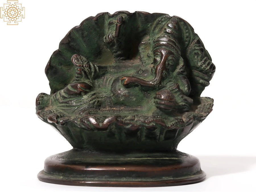 3" Small Relaxing Lord Ganesha Brass Idol in Shell