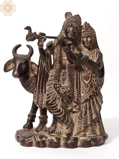 6" Standing Radha Krishna with Cow Brass Statue for Pooja