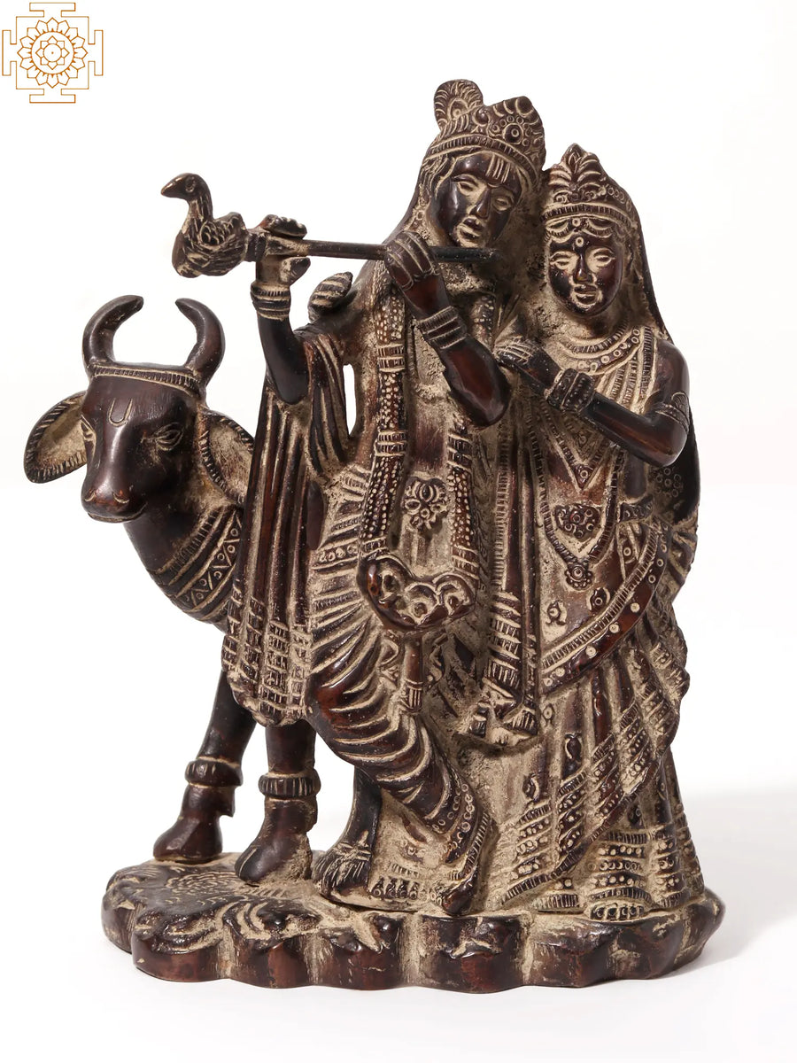 6" Standing Radha Krishna with Cow Brass Statue for Pooja