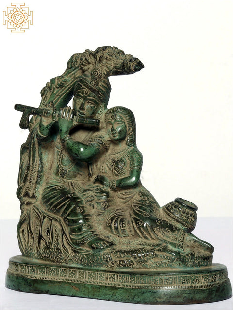 6" Green Color Devine Pair of Radha Krishna | Brass Statue