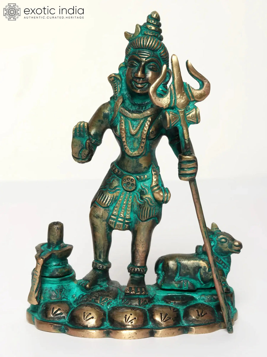 6" Standing Lord Shiva Brass Statue with Nandi and Shivalinga