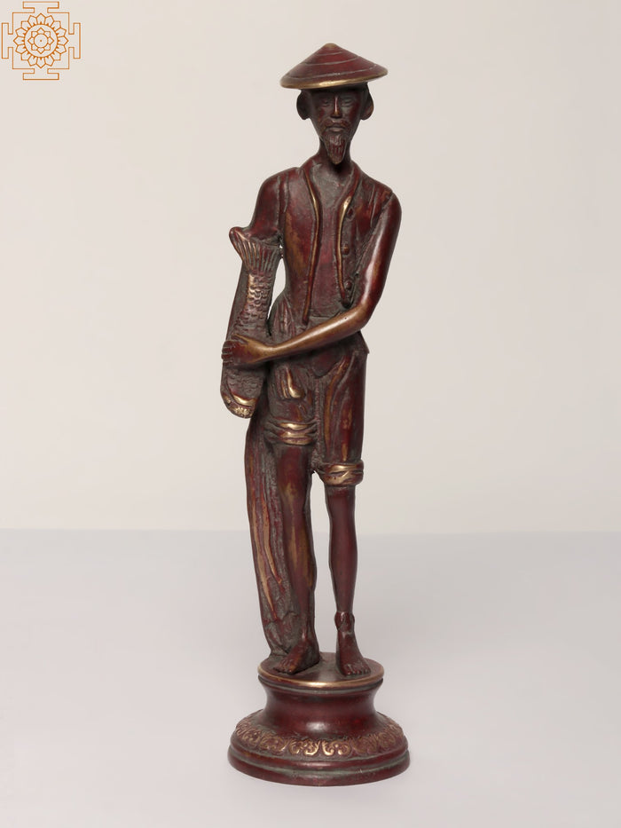 11" Chinese Fishmonger Handmade Brass Statue