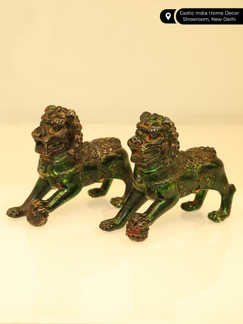 4" Small Pair of Chinese Guardian Lions in Brass