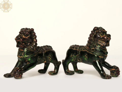 4" Small Pair of Chinese Guardian Lions in Brass