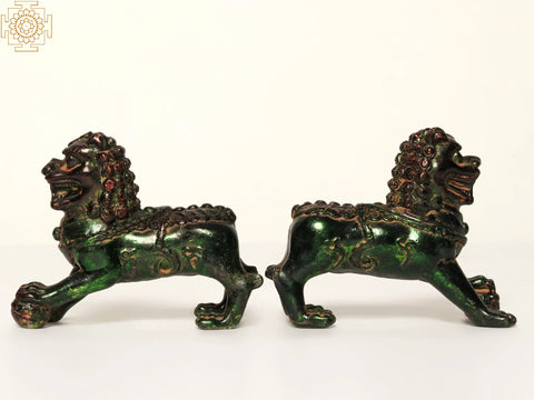 4" Small Pair of Chinese Guardian Lions in Brass