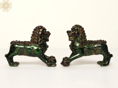 4" Small Pair of Chinese Guardian Lions in Brass