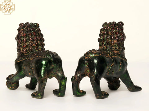 4" Small Pair of Chinese Guardian Lions in Brass