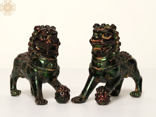 4" Handmade Brass Chinese Guardian Lions Pair Statue