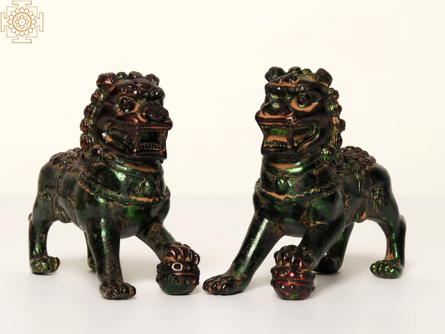 4" Handmade Brass Chinese Guardian Lions Pair Statue