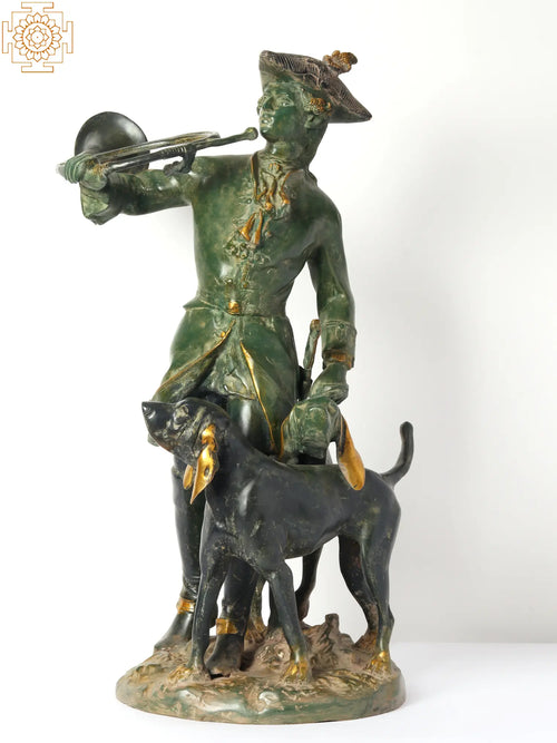 25" French Huntsman Brass Statue With Hounds for Home Decor