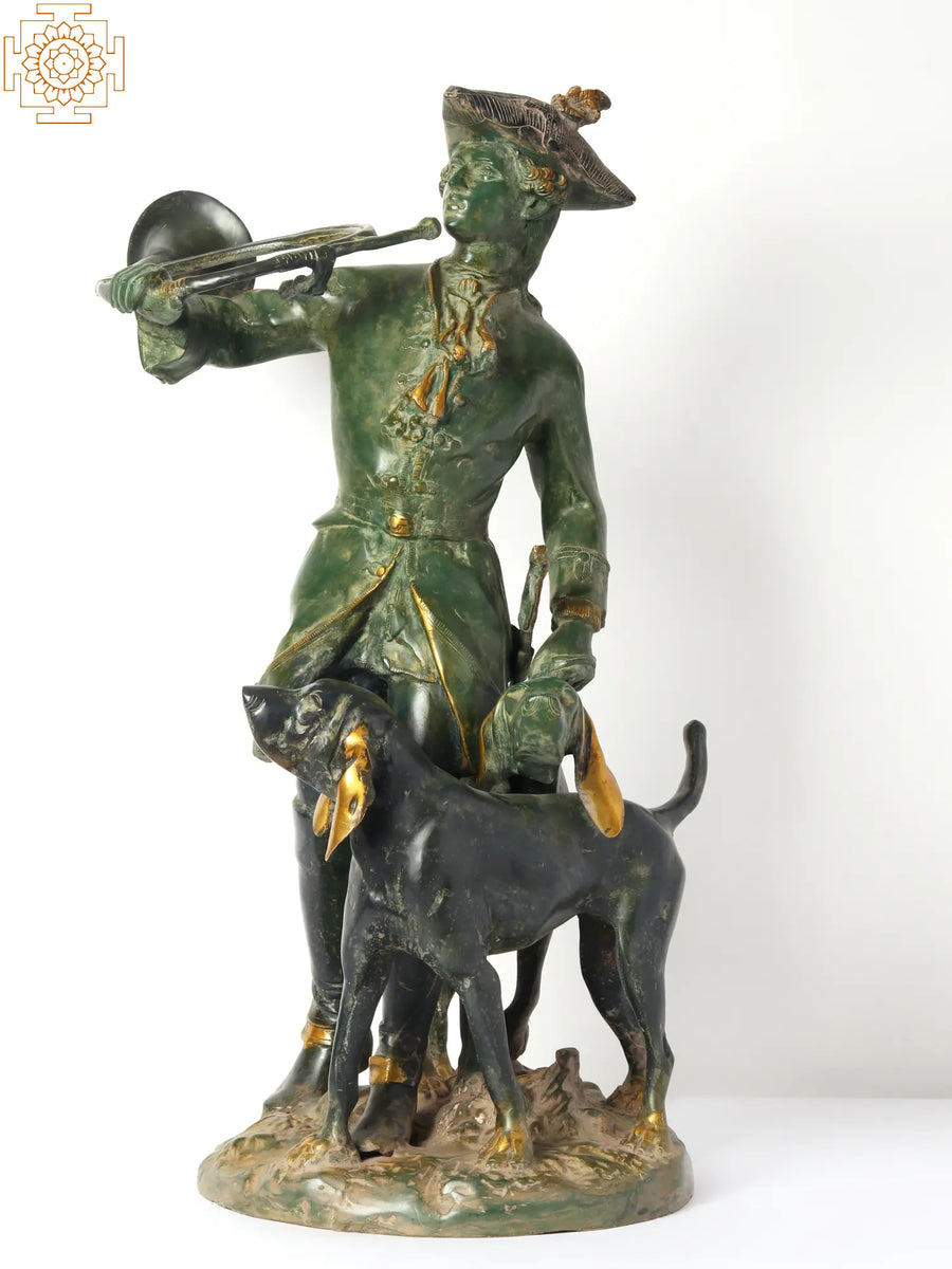25" French Huntsman Brass Statue With Hounds for Home Decor