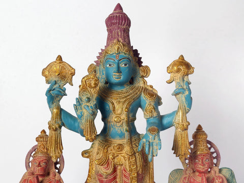 24" Colorful Standing Lord Vishnu Brass Statue with Garuda and Hanuman