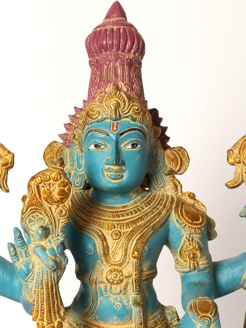 24" Colorful Standing Lord Vishnu Brass Statue with Garuda and Hanuman