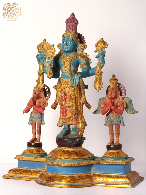 24" Colorful Standing Lord Vishnu Brass Statue with Garuda and Hanuman