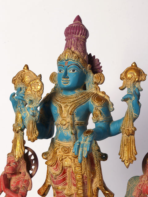 24" Colorful Standing Lord Vishnu Brass Statue with Garuda and Hanuman