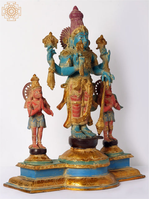 24" Colorful Standing Lord Vishnu Brass Statue with Garuda and Hanuman
