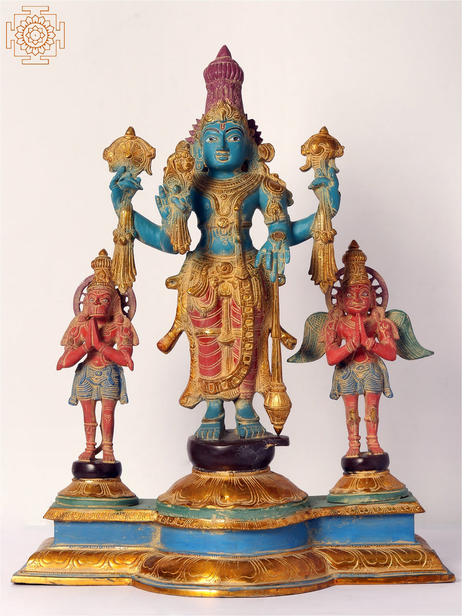 24" Standing Lord Vishnu Brass Statue with Garuda and Hanuman
