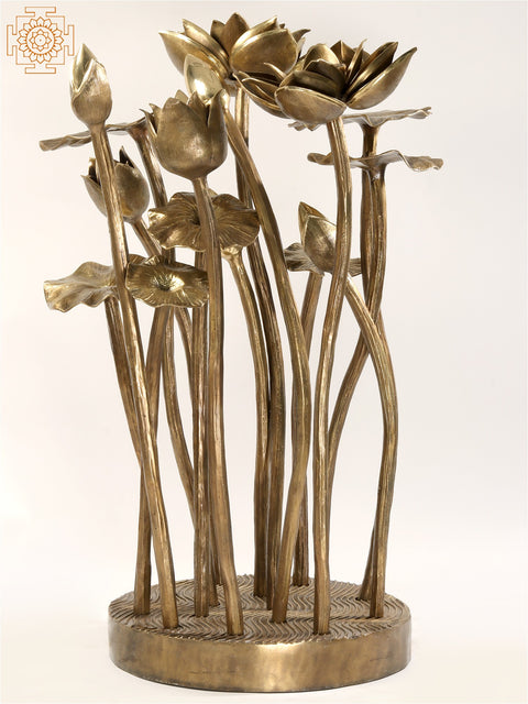 Large Bunch of Lotus Flowers and Buds with Stand in Brass | Home Decor