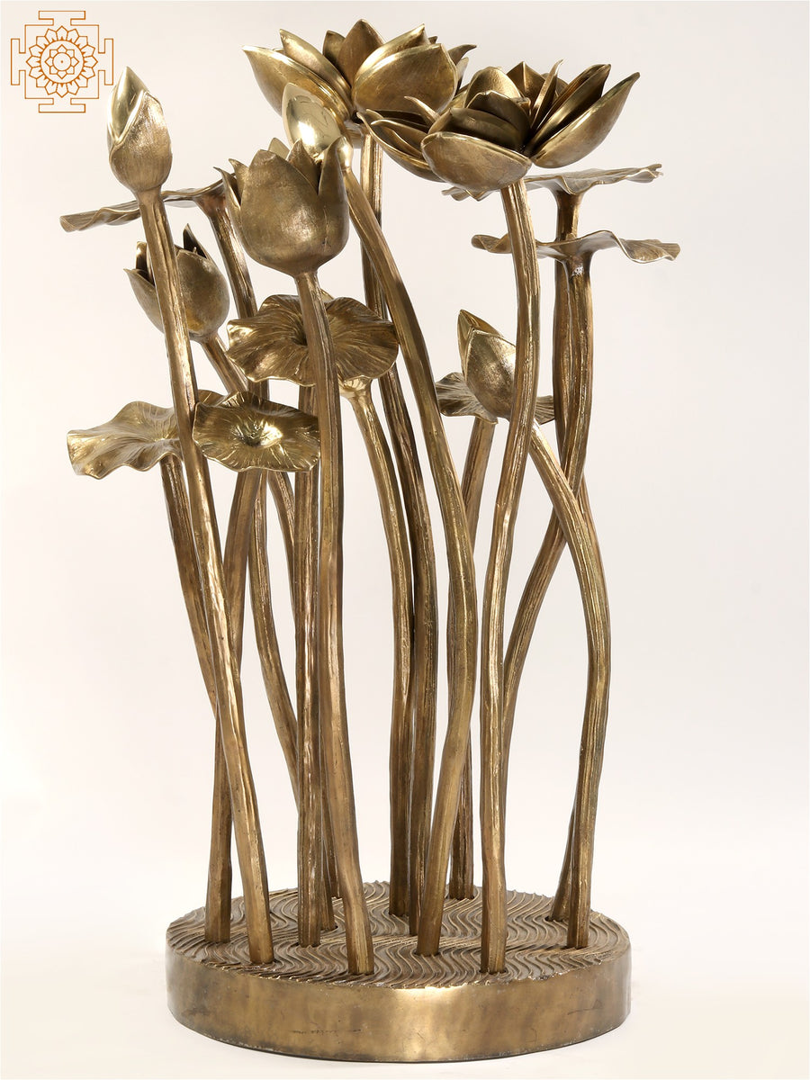 Large Brass Lotus Flowers and Buds Statue with Stand