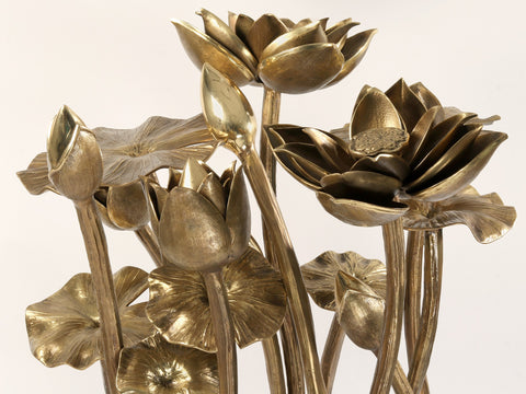 Large Bunch of Lotus Flowers and Buds with Stand in Brass | Home Decor