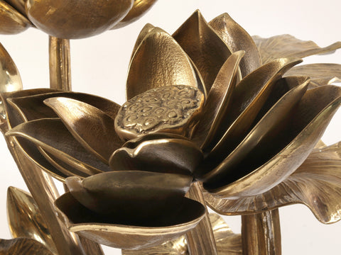 Large Bunch of Lotus Flowers and Buds with Stand in Brass | Home Decor